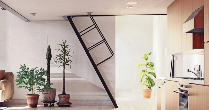 Escalera fija de peldaños abiertos que sube a un altillo