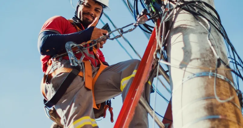 Electricista subido a una escalera naranja junto a un poste